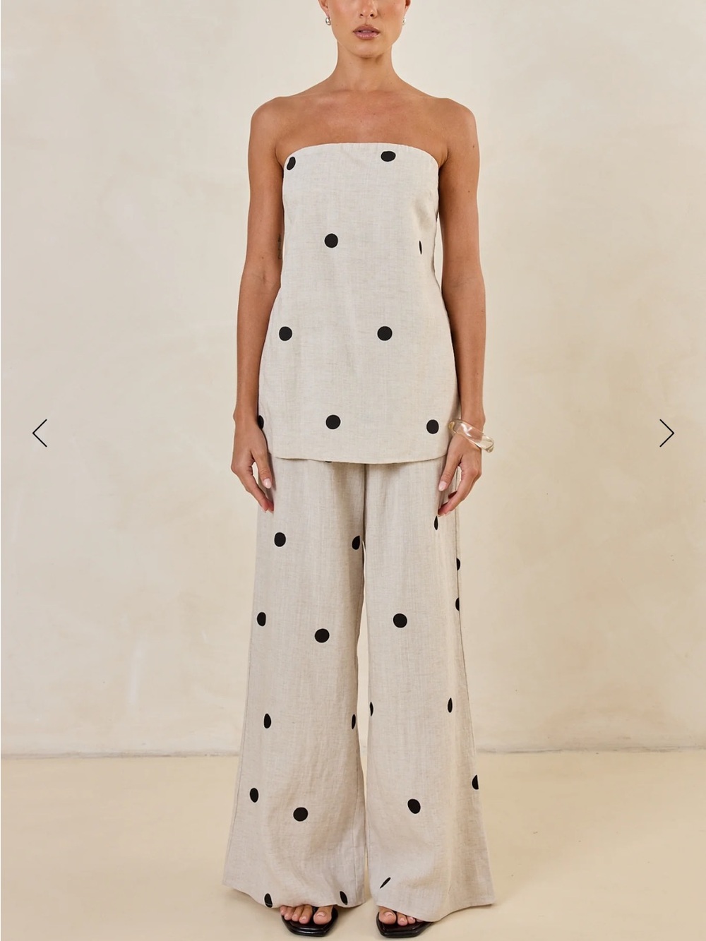 Strapless Polka Dot Wide-Leg Set in Beige and Black